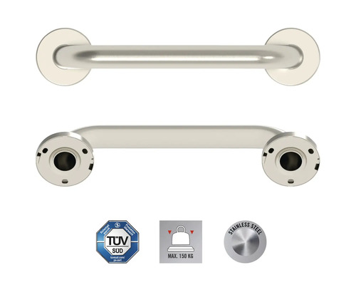 Bară de sprijin din oțel inoxidabil pentru baie, cu sigiliul TÜV Süd, sarcină maximă 150 kilograme, marcaj oțel inoxidabil.