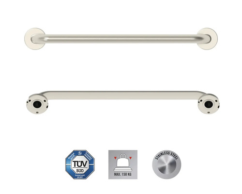 Bară de susținere din oțel inoxidabil pentru baie, două vederi, sigiliul TÜV Süd, sarcină maximă 150 kg, simbol oțel inoxidabil