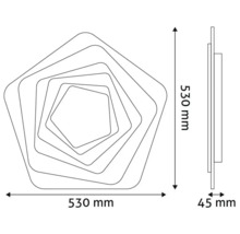 Desen tehnic al unei lămpi pentagonale cu dimensiunile 530 mm x 530 mm x 45 mm
