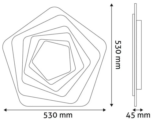 Desen tehnic al unei lămpi pentagonale cu dimensiunile 530 mm x 530 mm x 45 mm