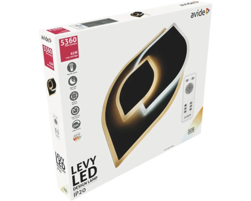 Ambalajul unei lămpi de design Levy LED cu un maxim de 5360 lumeni și o putere maximă de 65 wați de la Avide