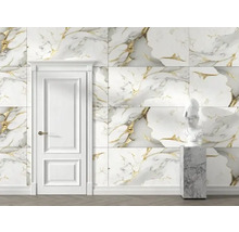 Interior modern cu plăci de marmură, ușă și sculptură