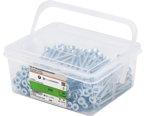 Șuruburi pentru plăci aglomerate de 5 x 80 milimetri într-o cutie transparentă din plastic
