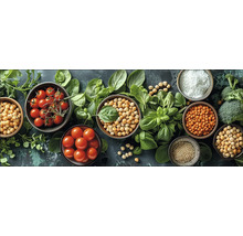 Diverse boluri cu ingrediente precum legume și leguminoase