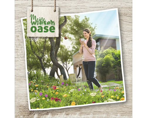 Ilustrație cu o femeie ținând o ceașcă într-o grădină cu o pajiște cu flori sălbatice