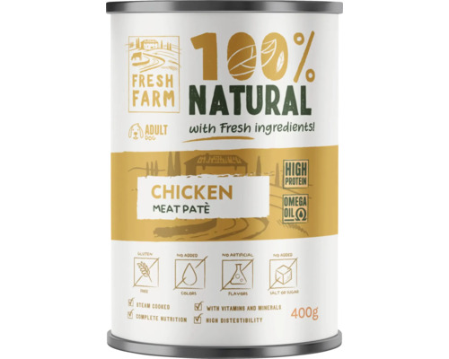 Conservă de pateu de carne de pui pentru câini adulți marca Fresh Farm, 400g