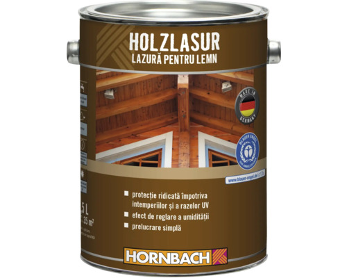 Lazură pentru lemn în recipient metalic, 5 litri, cu eticheta ecologică Ingerul Albastru și sigiliul Fabricat în Germania.