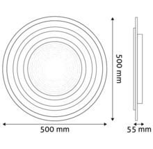 Desen tehnic al unui panou LED rotund cu dimensiunile de 500 mm pe 500 mm și o adâncime de 55 mm.