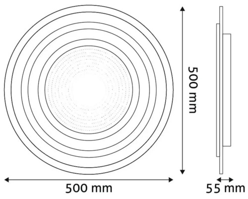 Desen tehnic al unui panou LED rotund cu dimensiunile de 500 mm pe 500 mm și o adâncime de 55 mm.