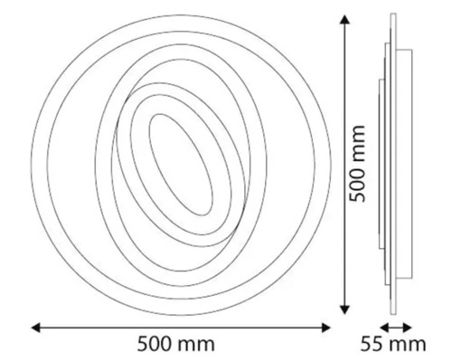 Desen tehnic al unei lămpi de perete rotunde cu dimensiunile de 500 mm x 500 mm x 55 mm