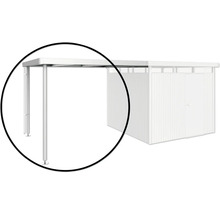 Vedere detaliată a unui carport cu stâlpi de aluminiu și o magazie de grădină