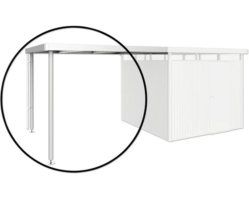 Vedere detaliată a unui carport cu stâlpi de aluminiu și o magazie de grădină