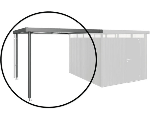 Acoperiș lateral pentru magazie Biohort HighLine 5 S gri închis metalizat Vizualizare detaliată a unui carport metalic cu stâlpi de susținere