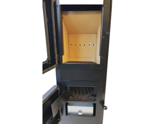 Șemineu cu ușa deschisă și sertar pentru cenușă