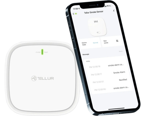 Detector de fum Tellur cu aplicație pentru smartphone și smartphone-ul aferent