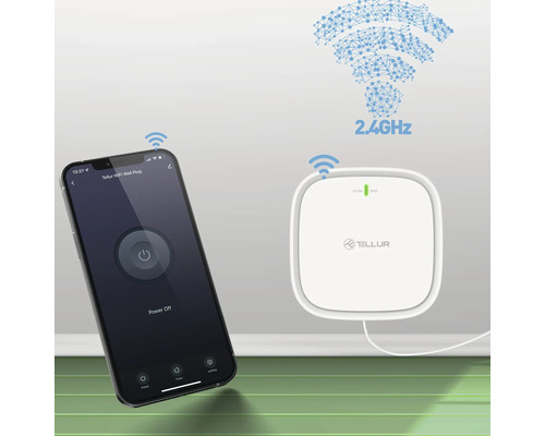 Priză de perete Tellur WiFi cu smartphone și simbol WiFi de 2,4 GHz
