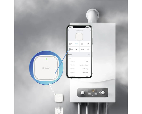 Detector de gaz Tellur cu vizualizarea aplicației pentru smartphone afișată lângă cazanul de încălzire
