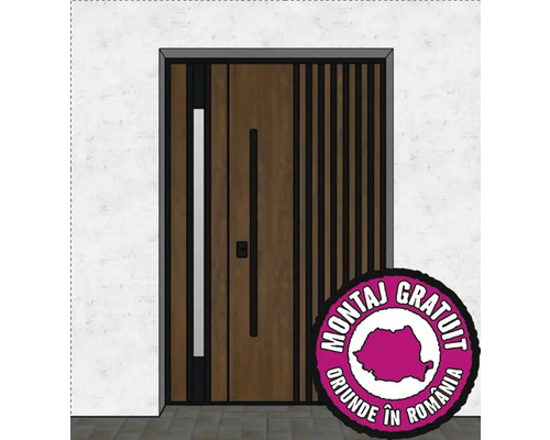 Ușă exterior metalică Loft Rio natur 132x205 cm stânga (montaj gratuit) Ușă de intrare cu elemente decorative verticale și simbolul pentru montaj gratuit în România