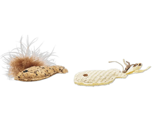 Două jucării pentru pisici în formă de pește, una din plută și cealaltă din rafie
