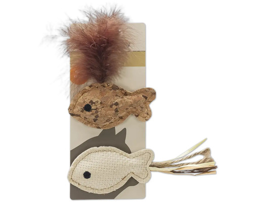 Jucărie pentru pisici cu pene și motive de pește din plută și material textil