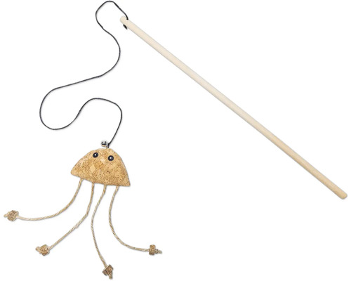 Jucărie tip undiță pentru pisici cu pandantiv din plută și băț din lemn