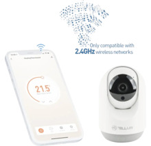 Cameră de supraveghere Tellur lângă un smartphone cu aplicație de termostat, compatibilă cu rețelele wireless de 2,4 GHz.