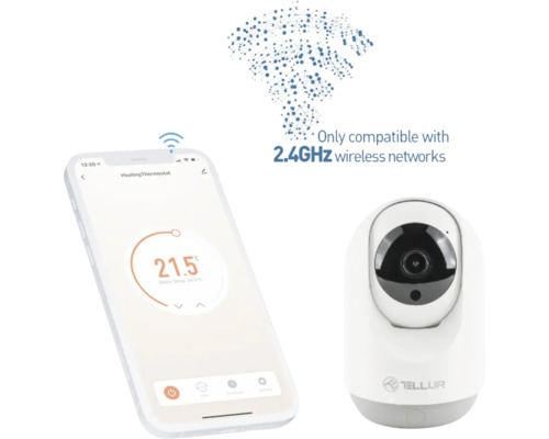 Cameră de supraveghere Tellur Ultra HD 3MP, pentru interior, conexiune WiFi Cameră de supraveghere Tellur lângă un smartphone cu aplicație de termostat, compatibilă cu rețelele wireless de 2,4 GHz.