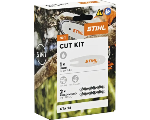Ambalaj Stihl Cut Kit cu set de tăiere, șină de ghidare și două lanțuri de ferăstrău Picco Micro