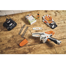 Set Stihl de ferăstrău de crengi cu acumulator, cu încărcător, lanțuri de ferăstrău, ulei pentru ascuțit lanțul și mănuși