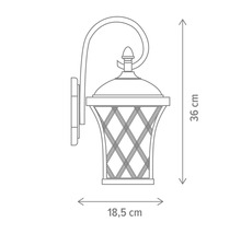 Desen tehnic al unei lămpi de perete exterioare cu dimensiunile de 36 cm înălțime și 18,5 cm lățime