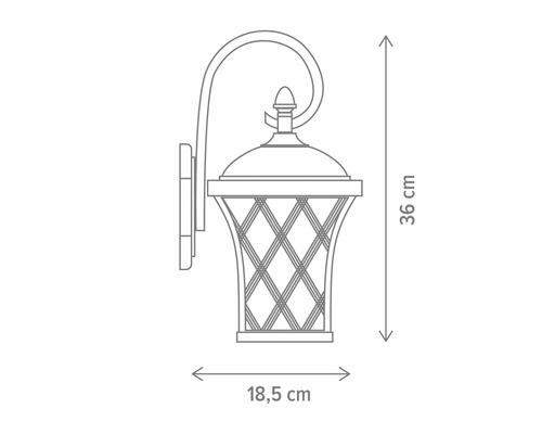 Desen tehnic al unei lămpi de perete exterioare cu dimensiunile de 36 cm înălțime și 18,5 cm lățime