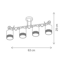 Schiță a lămpii de tavan cu patru becuri și dimensiunile de 63 de centimetri lățime și 29 de centimetri înălțime