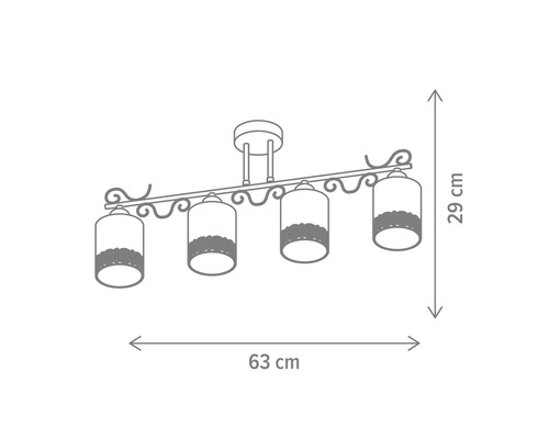 Schiță a lămpii de tavan cu patru becuri și dimensiunile de 63 de centimetri lățime și 29 de centimetri înălțime