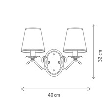 Schiță a unei lămpi de perete cu două corpuri de iluminat și dimensiunile de 40 cm lățime și 32 cm înălțime.