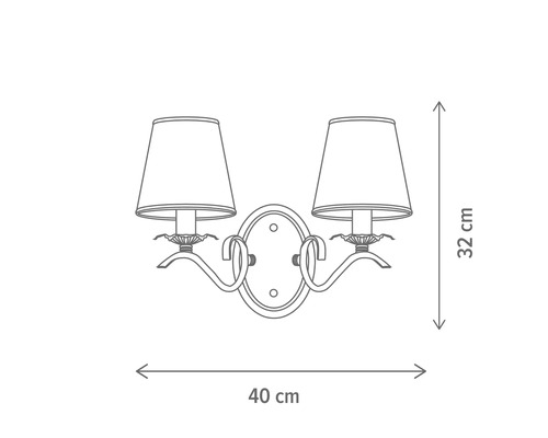 Schiță a unei lămpi de perete cu două corpuri de iluminat și dimensiunile de 40 cm lățime și 32 cm înălțime.