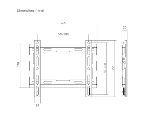Desen tehnic al unui suport de perete pentru televizor cu dimensiuni