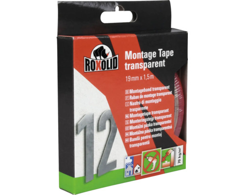 Bandă de montaj transparentă Roxolid, 19 mm x 1,5 m