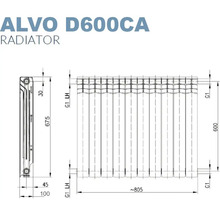 Desen tehnic radiator Alvo D600CA cu dimensiuni