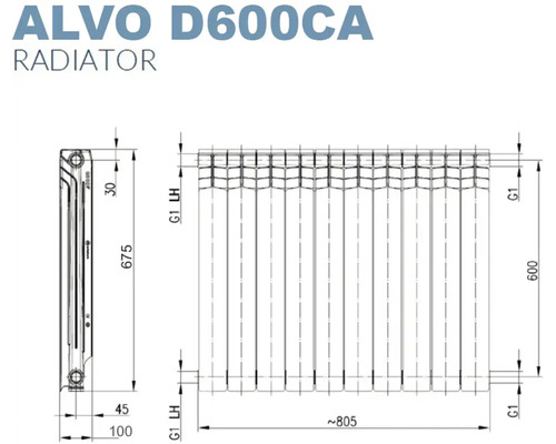 Desen tehnic radiator Alvo D600CA cu dimensiuni