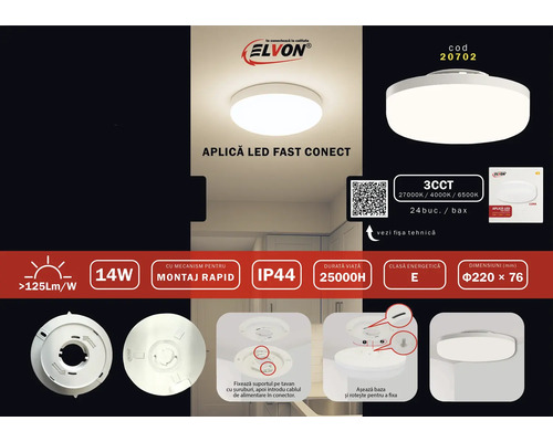 Plafonieră LED Elvon Fast Connect cu instrucțiuni de instalare