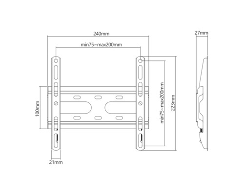 Desen tehnic al unui suport de perete pentru televizor cu dimensiuni