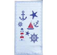 Prosop textil cu motive nautice precum ancora, cârma, farul și barca cu pânze