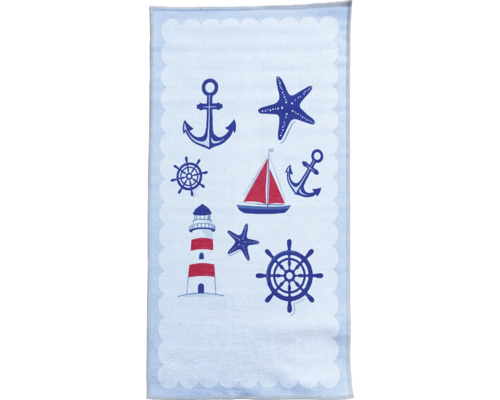 Covor copii Allegro 21 80x150 cm Prosop textil cu motive nautice precum ancora, cârma, farul și barca cu pânze