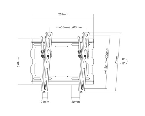 Desen tehnic al unui suport de perete pentru televizor cu dimensiuni