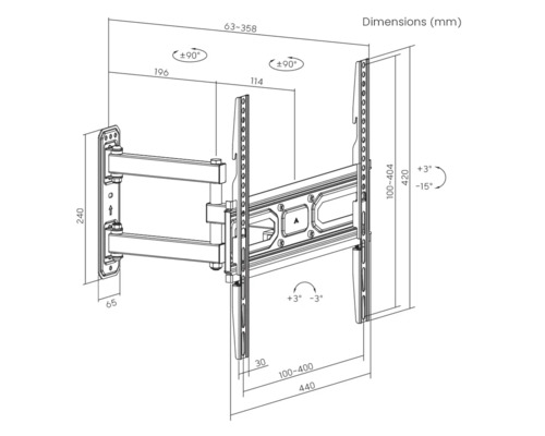 Desen tehnic al unui suport TV cu dimensiuni în milimetri