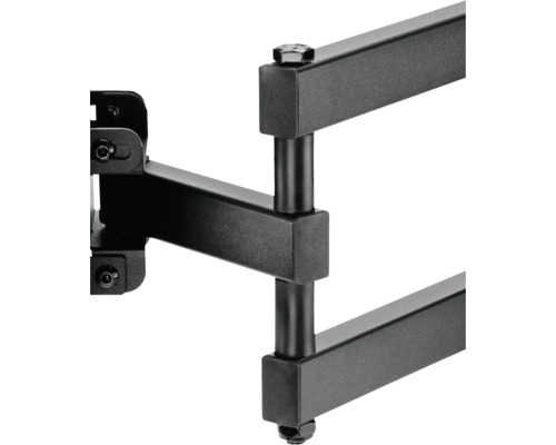 Prim-plan cu un suport TV de perete pivotant, negru, din metal.