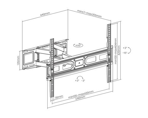 Desen tehnic al unui suport de perete pentru televizor cu dimensiuni