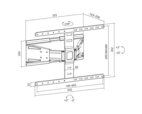 Desen tehnic al unui suport de televizor cu dimensiuni