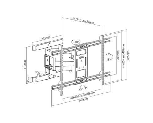 Desen tehnic al unui suport de perete pentru televizor cu dimensiuni
