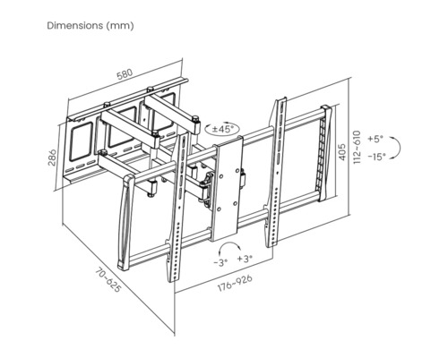 Dimensiunile unui suport TV de perete în milimetri.